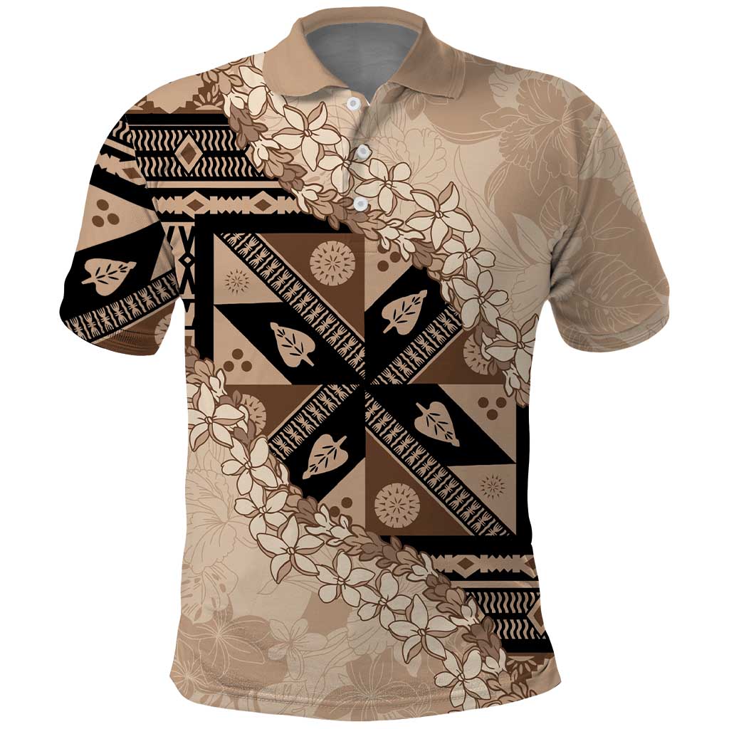 Bula Fiji Plumeria Tagimoucia Salusalu Beige Polo Shirt Kaiviti Masi - Polynesian Pride