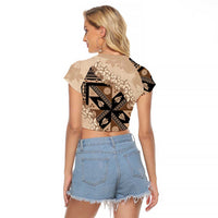 Bula Fiji Plumeria Tagimoucia Salusalu Beige Raglan Cropped T Shirt Kaiviti Masi - Polynesian Pride