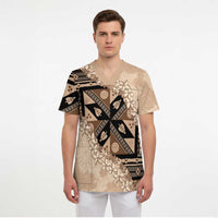 Bula Fiji Plumeria Tagimoucia Salusalu Beige Scrub Top Kaiviti Masi LT7 - Polynesian Pride