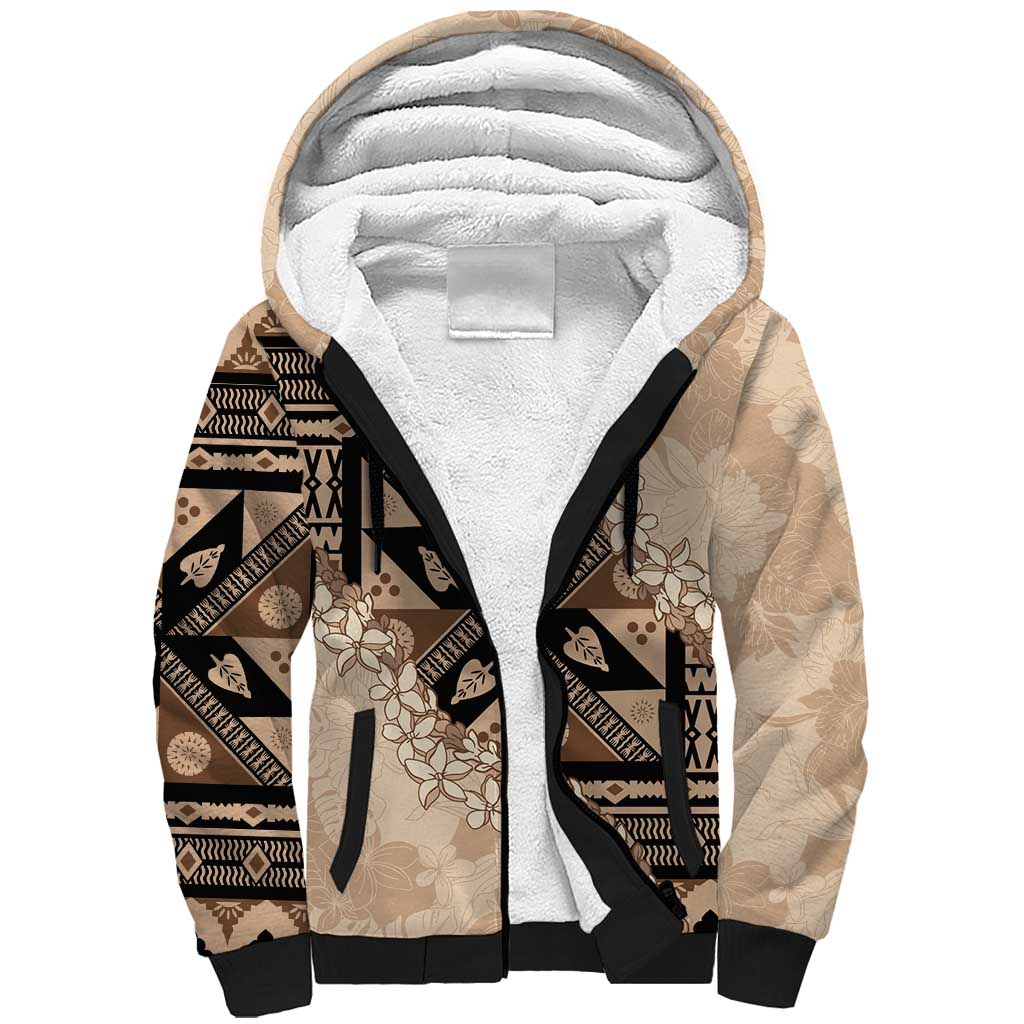 Bula Fiji Plumeria Tagimoucia Salusalu Beige Sherpa Hoodie Kaiviti Masi - Polynesian Pride