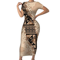 Bula Fiji Plumeria Tagimoucia Salusalu Beige Short Sleeve Bodycon Dress Kaiviti Masi - Polynesian Pride