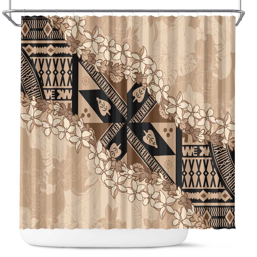 Bula Fiji Plumeria Tagimoucia Salusalu Beige Shower Curtain Kaiviti Masi - Polynesian Pride