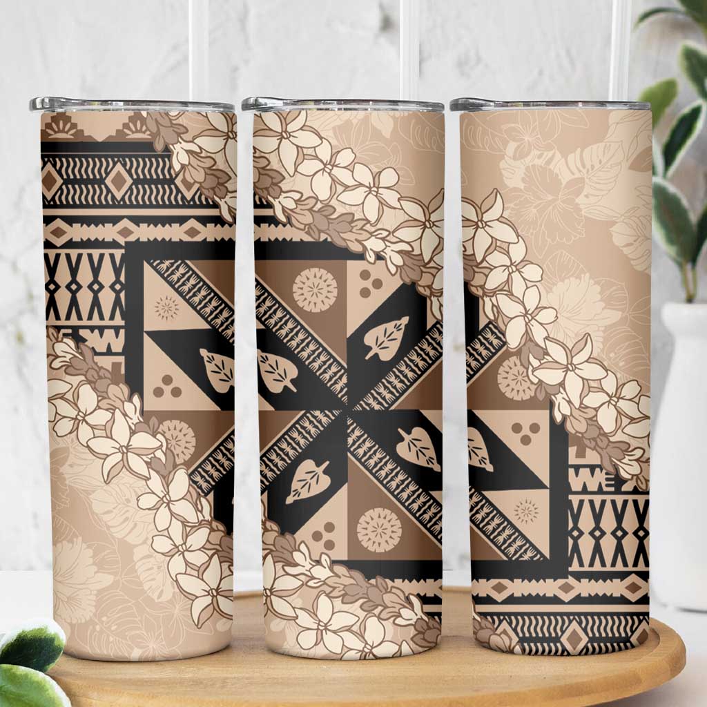 Bula Fiji Plumeria Tagimoucia Salusalu Beige Skinny Tumbler Kaiviti Masi - Polynesian Pride