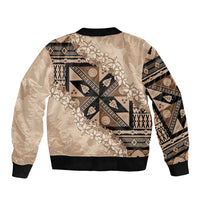 Bula Fiji Plumeria Tagimoucia Salusalu Beige Sleeve Zip Bomber Jacket Kaiviti Masi - Polynesian Pride