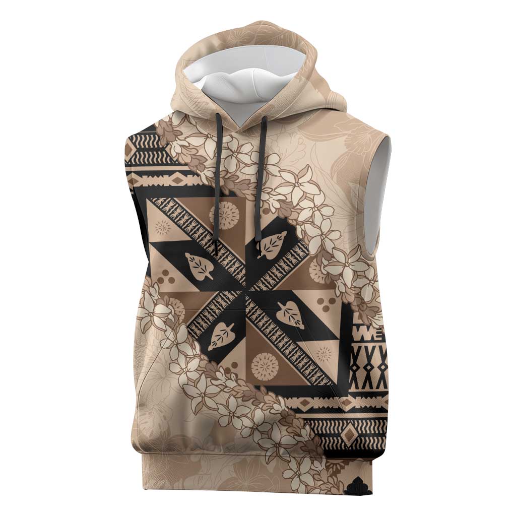 Bula Fiji Plumeria Tagimoucia Salusalu Beige Sleeveless Hoodie Kaiviti Masi - Polynesian Pride