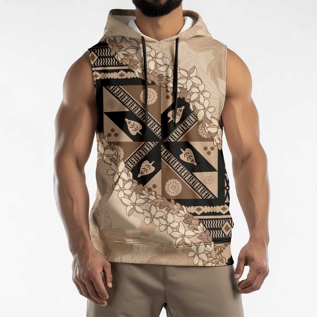 Bula Fiji Plumeria Tagimoucia Salusalu Beige Sleeveless Hoodie Kaiviti Masi - Polynesian Pride