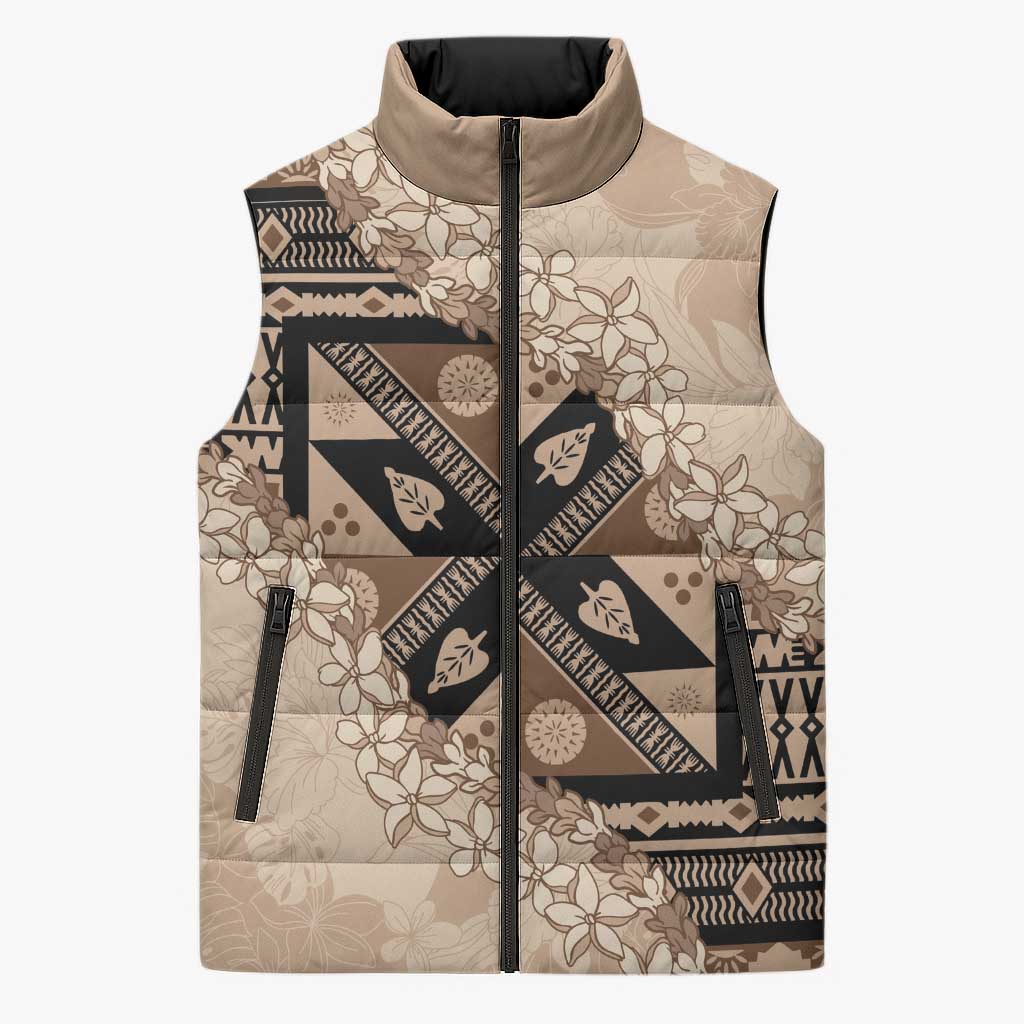 Bula Fiji Plumeria Tagimoucia Salusalu Beige Sleeveless Puffer Jacket Kaiviti Masi - Polynesian Pride