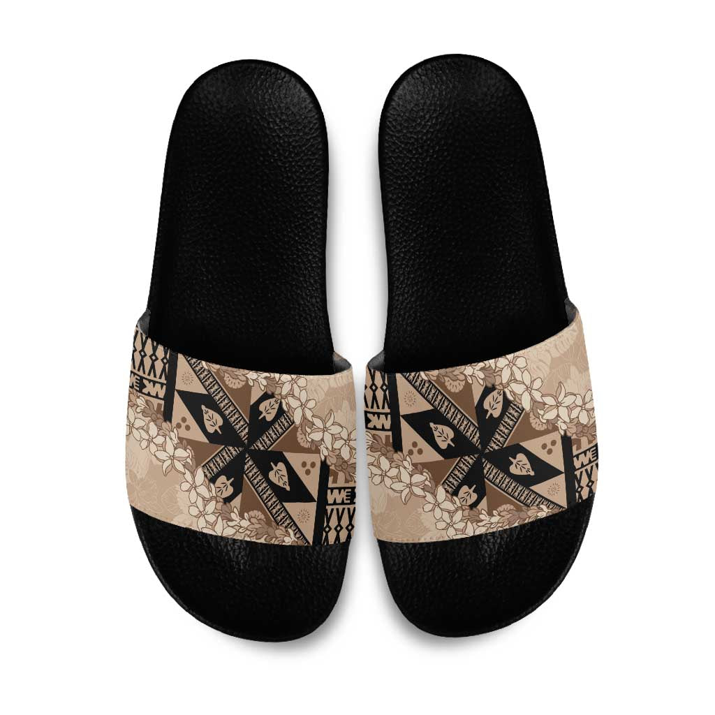 Bula Fiji Plumeria Tagimoucia Salusalu Beige Slide Sandals Kaiviti Masi - Polynesian Pride