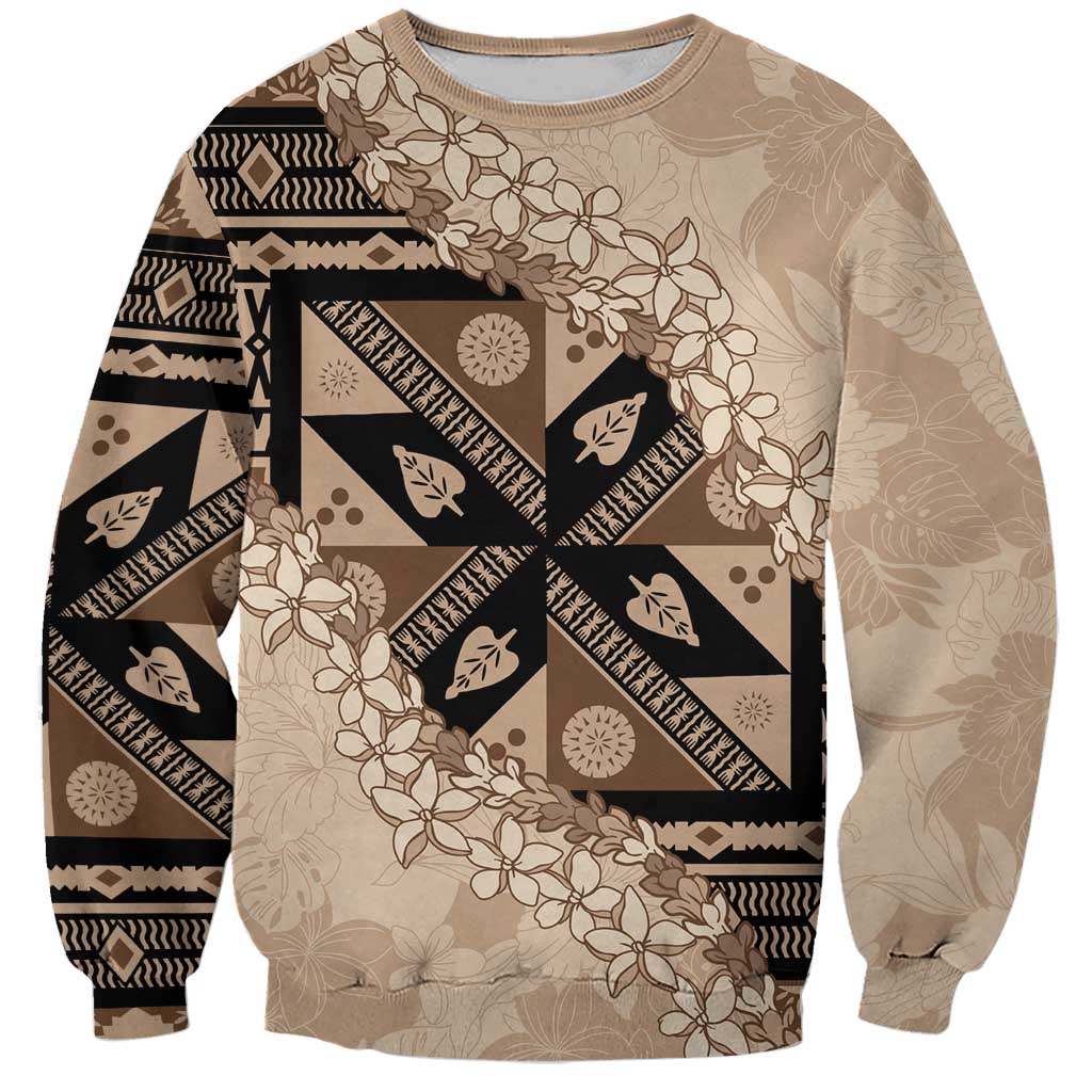 Bula Fiji Plumeria Tagimoucia Salusalu Beige Sweatshirt Kaiviti Masi - Polynesian Pride