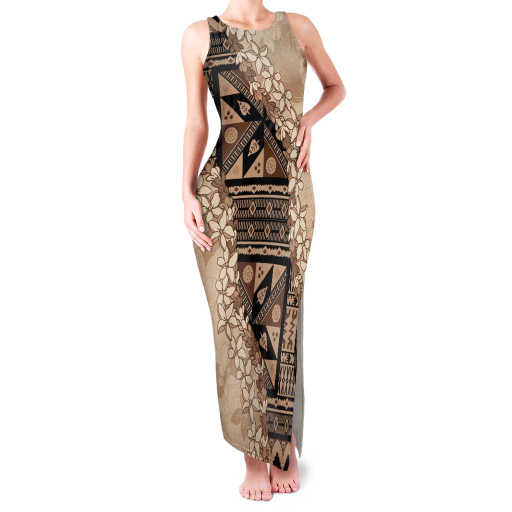 Bula Fiji Plumeria Tagimoucia Salusalu Beige Tank Maxi Dress Kaiviti Masi - Polynesian Pride
