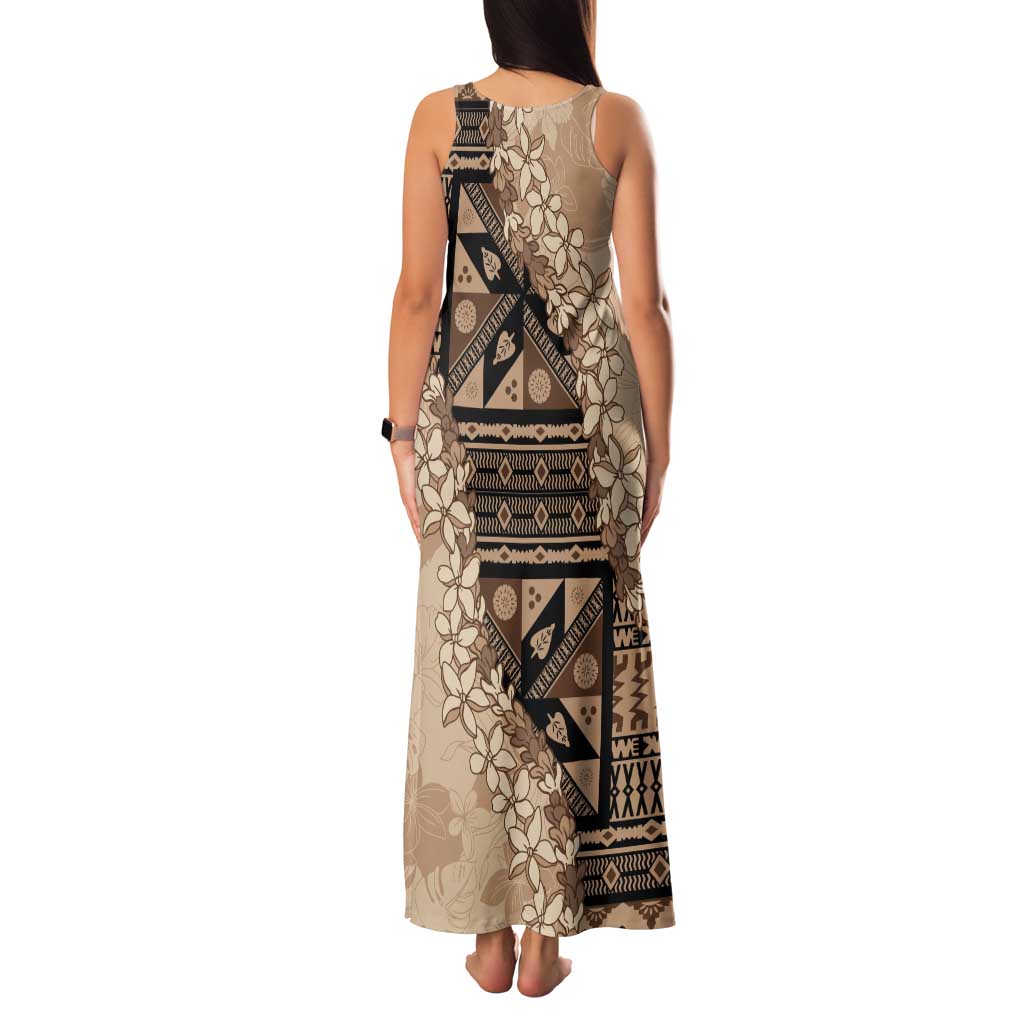 Bula Fiji Plumeria Tagimoucia Salusalu Beige Tank Maxi Dress Kaiviti Masi - Polynesian Pride