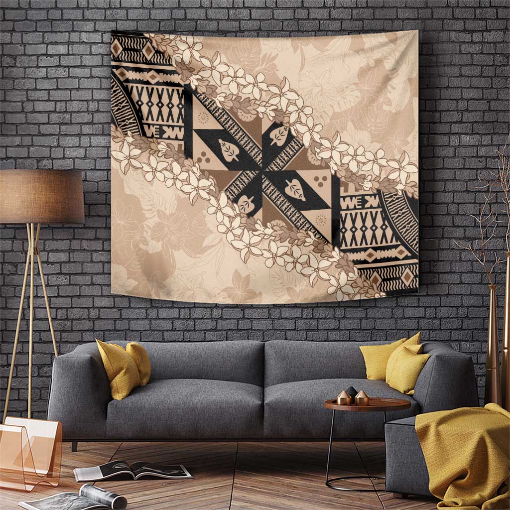 Bula Fiji Plumeria Tagimoucia Salusalu Beige Tapestry Kaiviti Masi - Polynesian Pride
