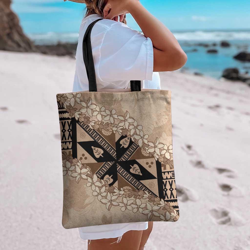 Bula Fiji Plumeria Tagimoucia Salusalu Beige Tote Bag Kaiviti Masi - Polynesian Pride