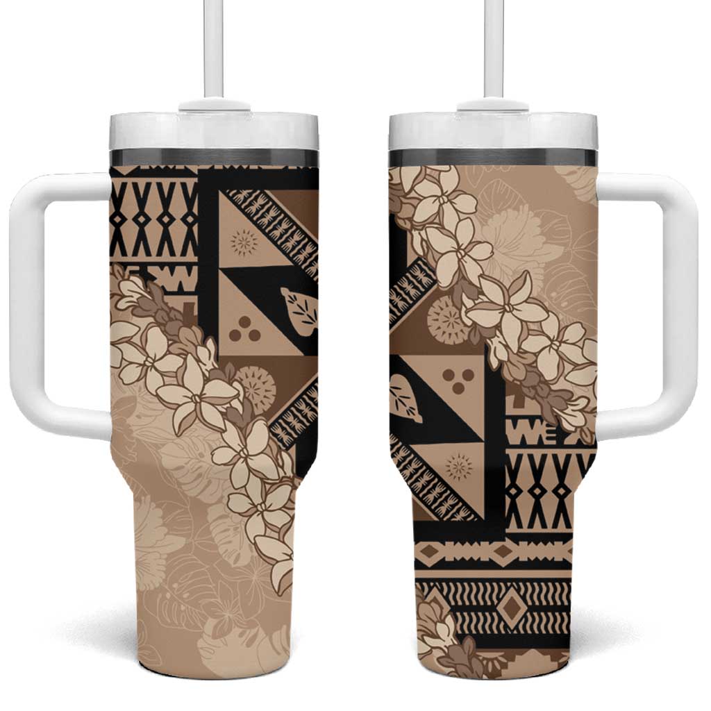Bula Fiji Plumeria Tagimoucia Salusalu Beige Tumbler With Handle Kaiviti Masi - Polynesian Pride