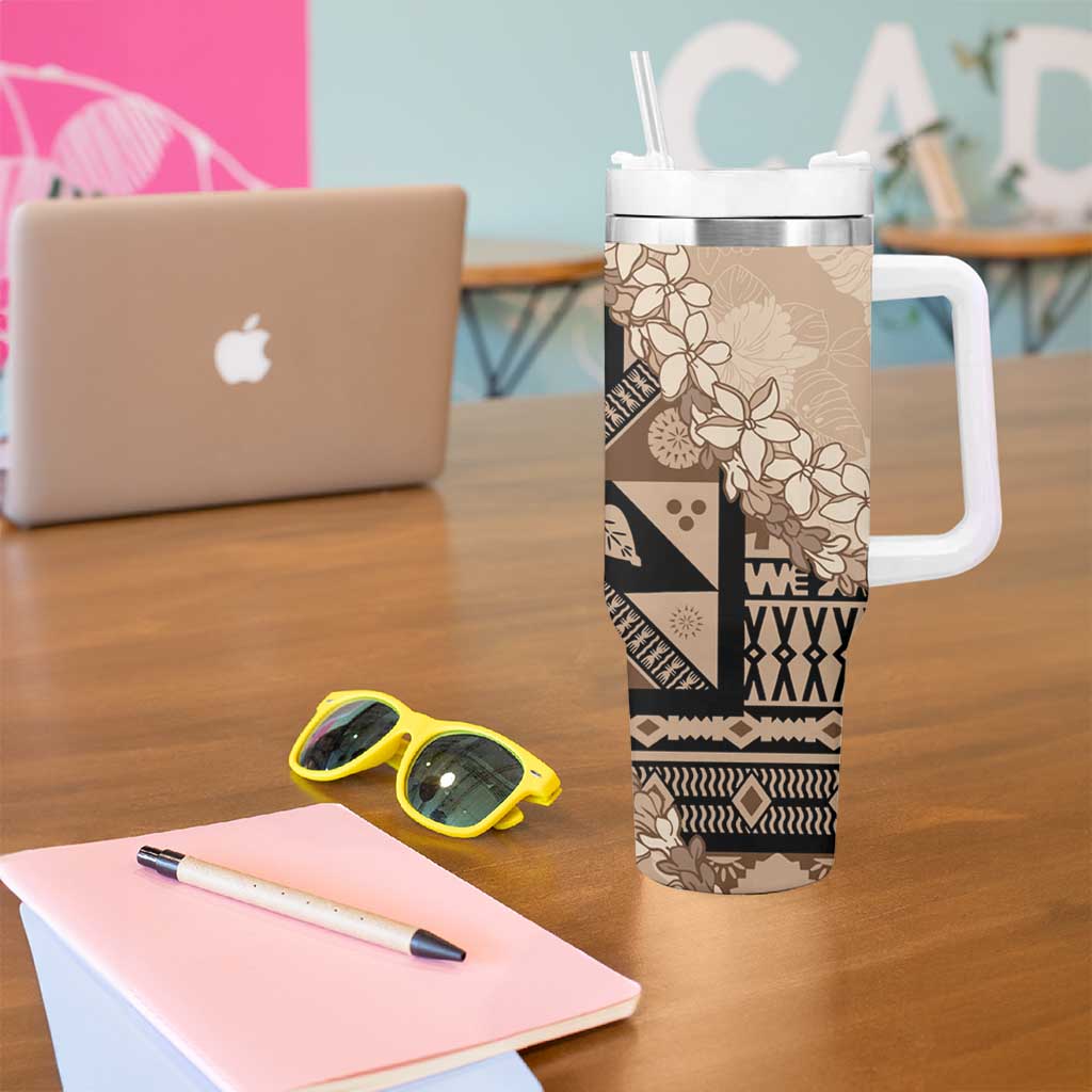 Bula Fiji Plumeria Tagimoucia Salusalu Beige Tumbler With Handle Kaiviti Masi - Polynesian Pride
