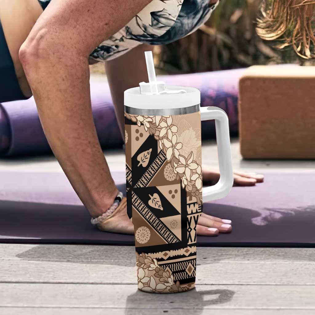 Bula Fiji Plumeria Tagimoucia Salusalu Beige Tumbler With Handle Kaiviti Masi - Polynesian Pride
