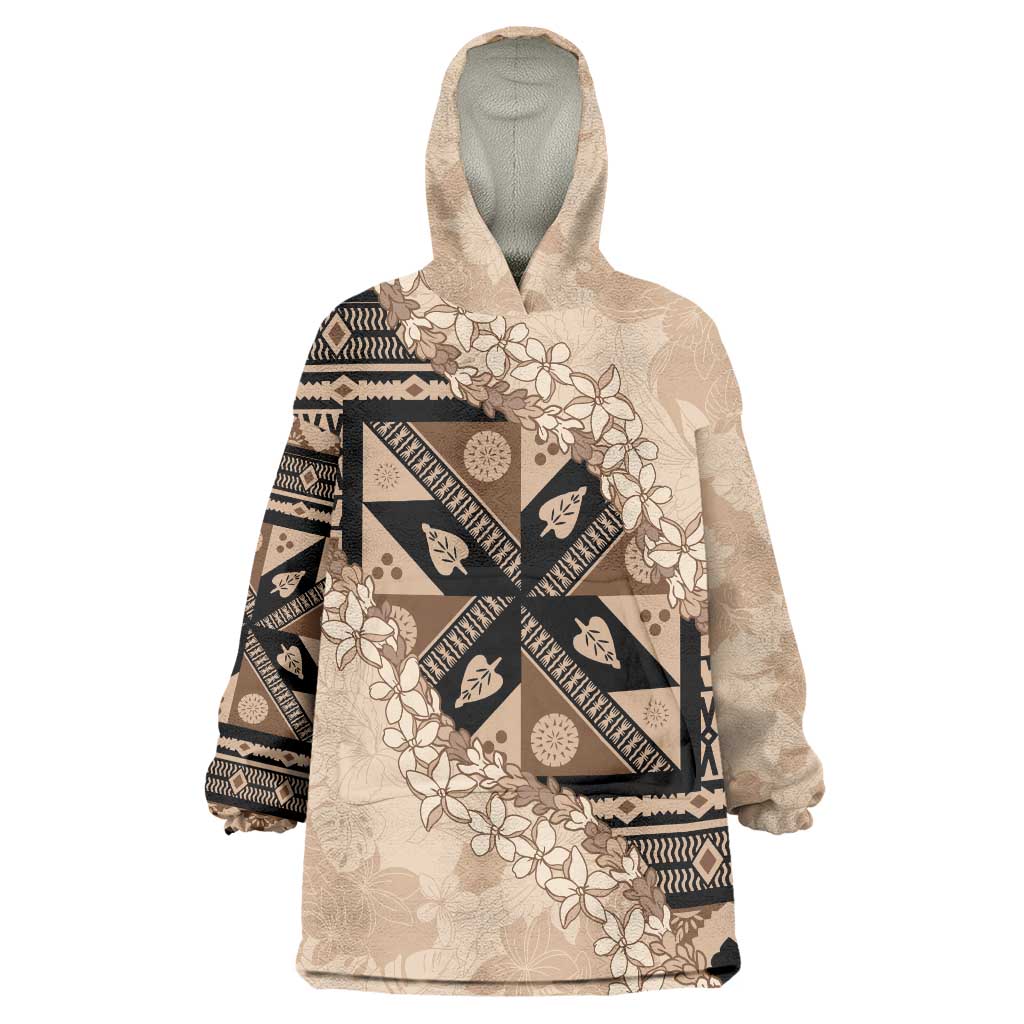 Bula Fiji Plumeria Tagimoucia Salusalu Beige Wearable Blanket Hoodie Kaiviti Masi - Polynesian Pride