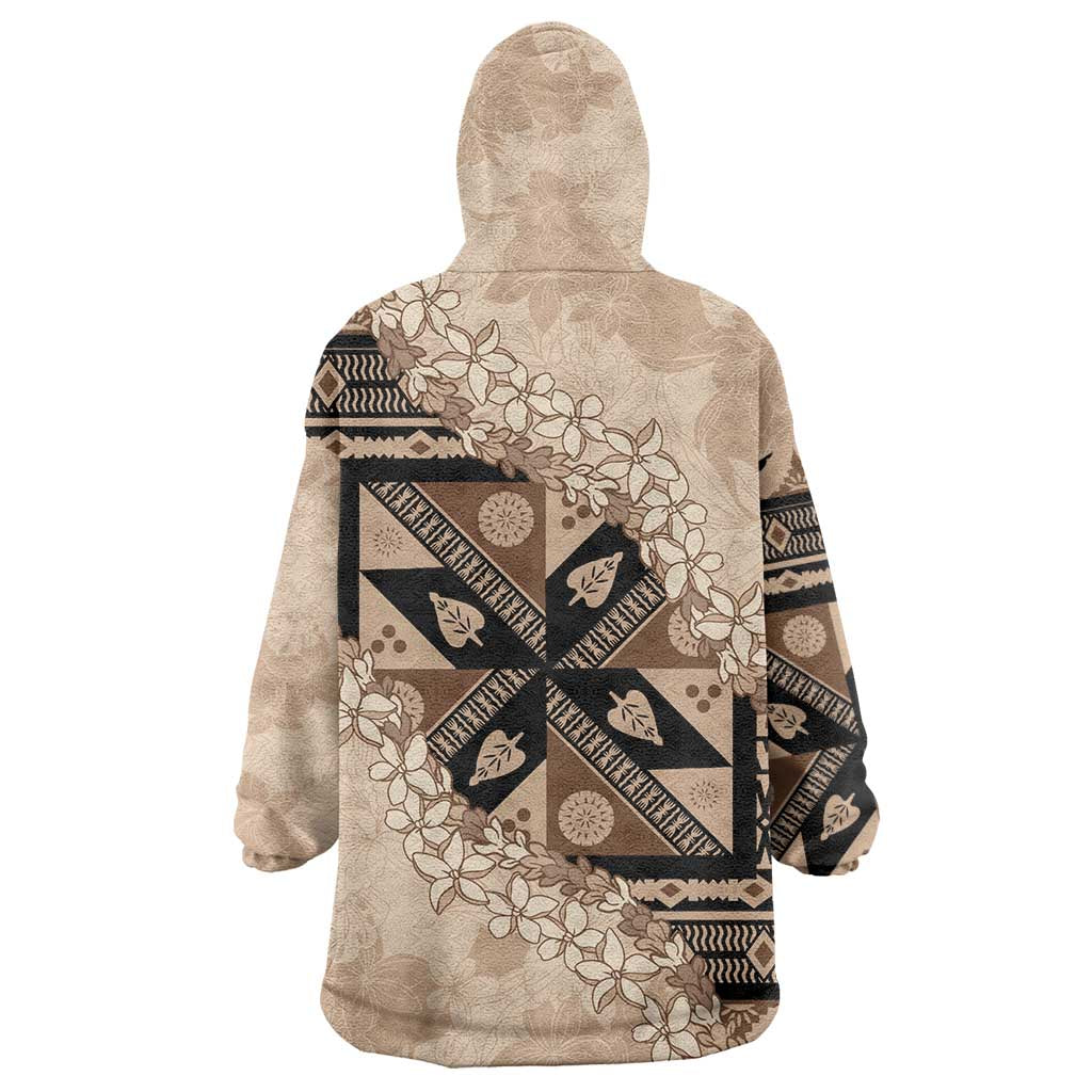 Bula Fiji Plumeria Tagimoucia Salusalu Beige Wearable Blanket Hoodie Kaiviti Masi - Polynesian Pride