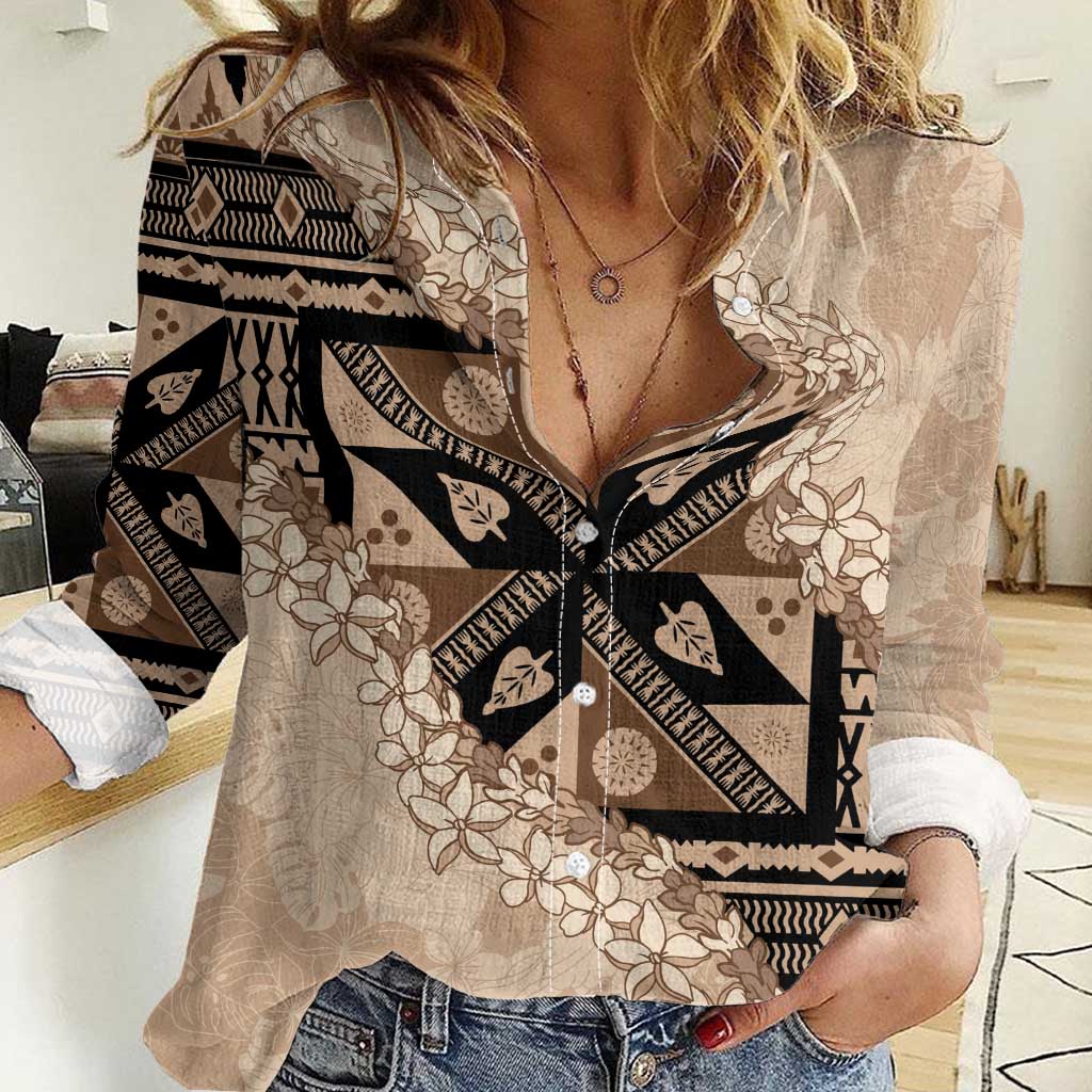Bula Fiji Plumeria Tagimoucia Salusalu Beige Women Casual Shirt Kaiviti Masi - Polynesian Pride