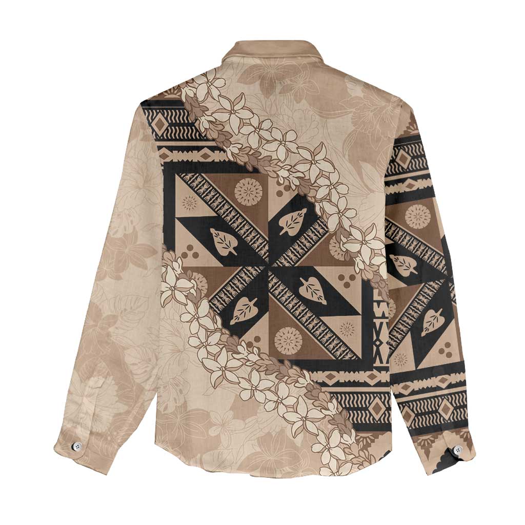 Bula Fiji Plumeria Tagimoucia Salusalu Beige Women Casual Shirt Kaiviti Masi - Polynesian Pride