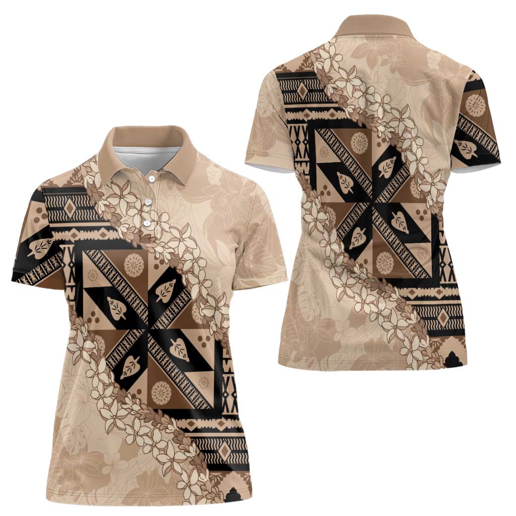 Bula Fiji Plumeria Tagimoucia Salusalu Beige Women Polo Shirt Kaiviti Masi - Polynesian Pride