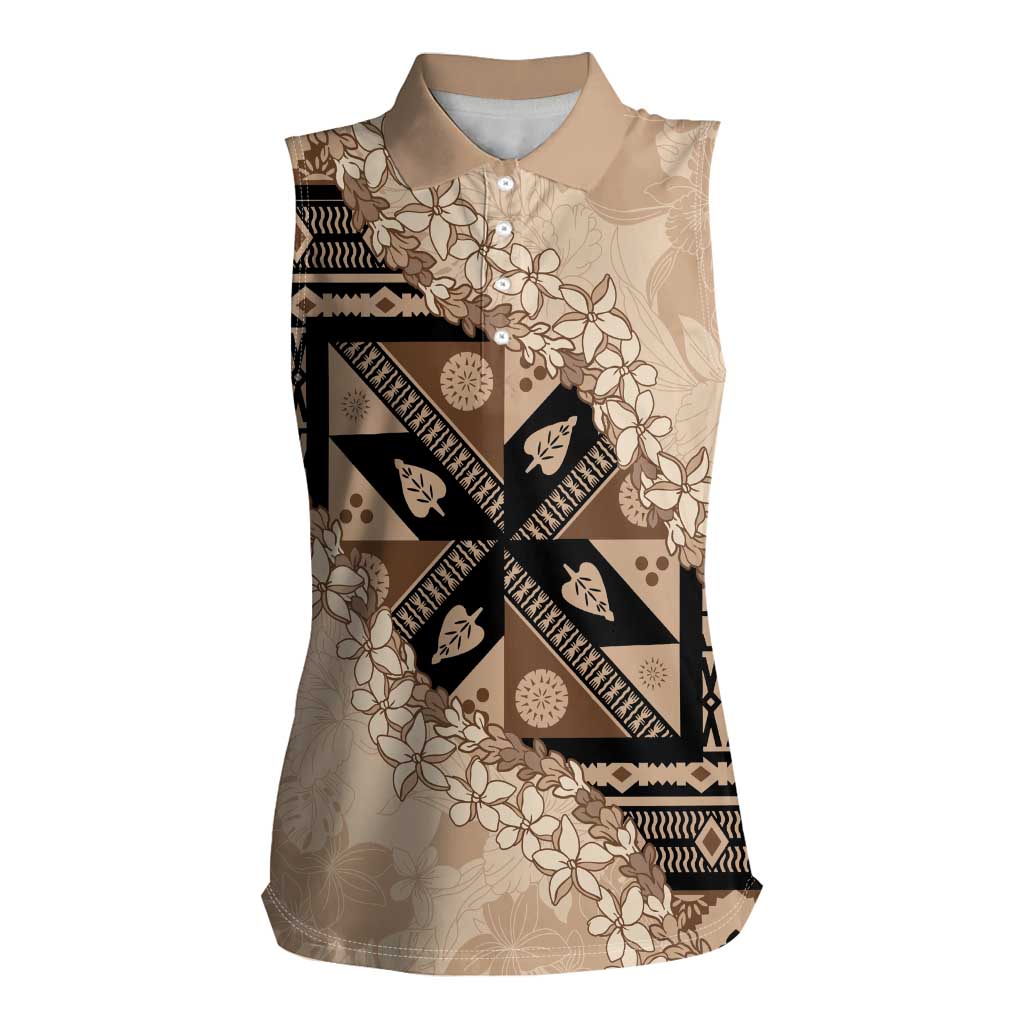 Bula Fiji Plumeria Tagimoucia Salusalu Beige Women Sleeveless Polo Shirt Kaiviti Masi - Polynesian Pride