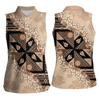 Bula Fiji Plumeria Tagimoucia Salusalu Beige Women Sleeveless Polo Shirt Kaiviti Masi - Polynesian Pride