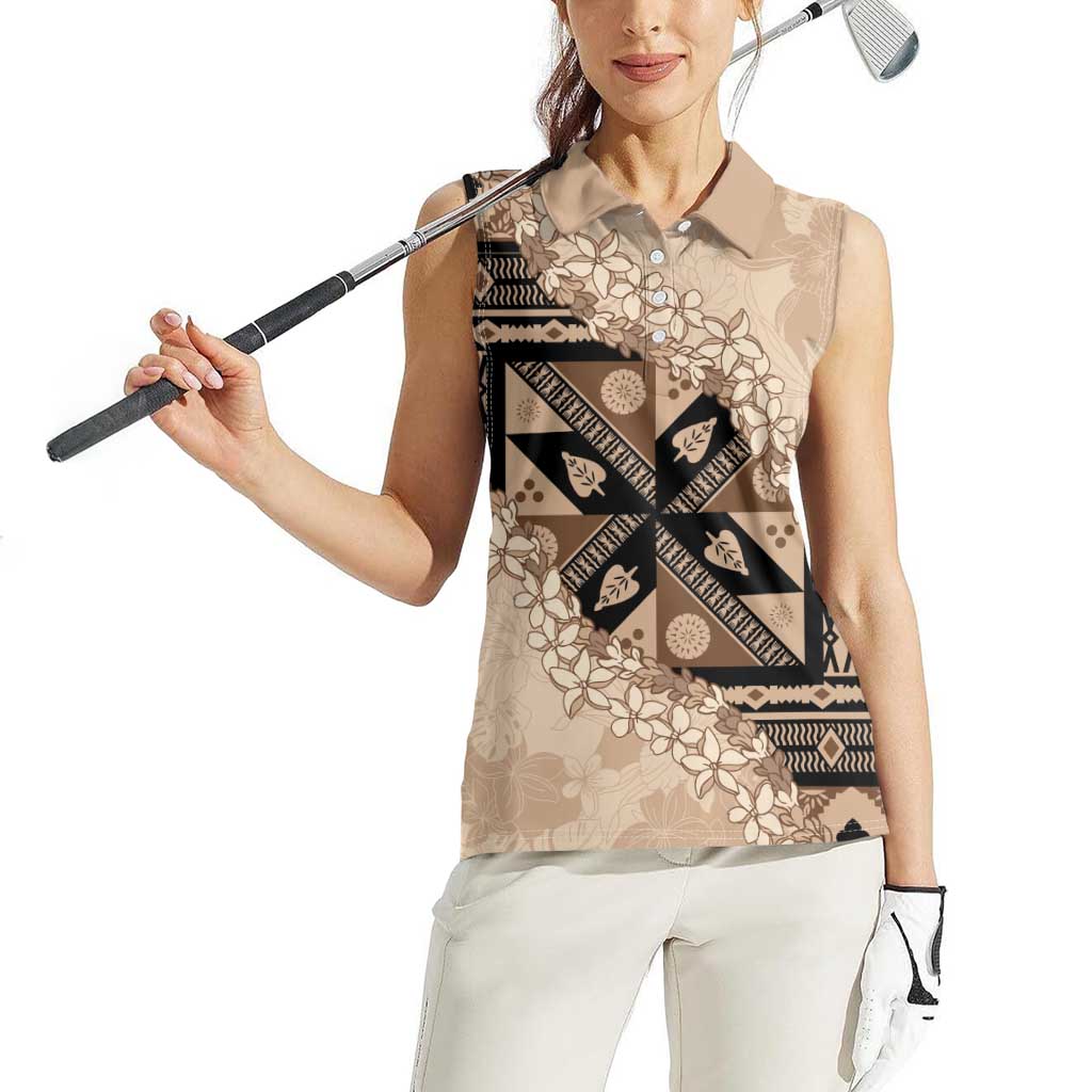 Bula Fiji Plumeria Tagimoucia Salusalu Beige Women Sleeveless Polo Shirt Kaiviti Masi - Polynesian Pride