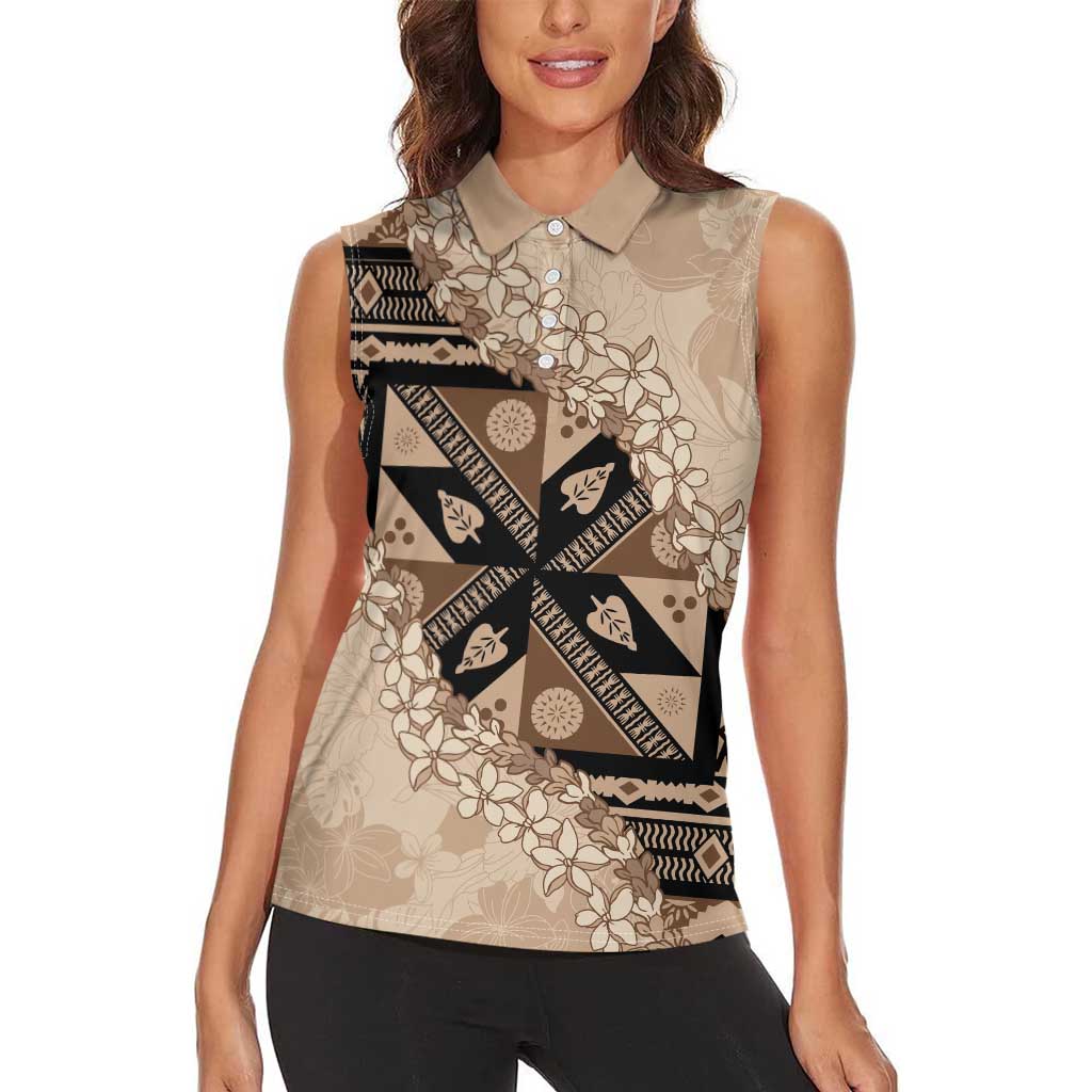 Bula Fiji Plumeria Tagimoucia Salusalu Beige Women Sleeveless Polo Shirt Kaiviti Masi - Polynesian Pride