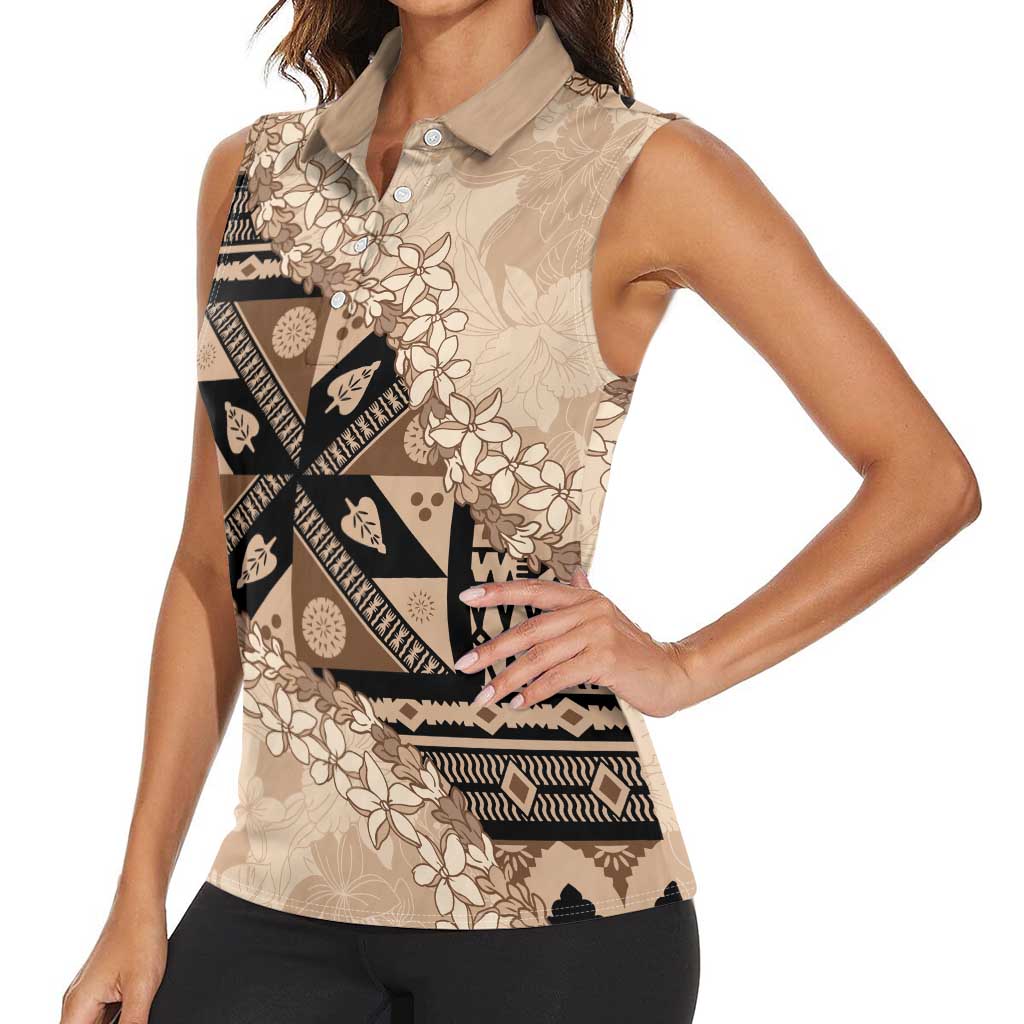 Bula Fiji Plumeria Tagimoucia Salusalu Beige Women Sleeveless Polo Shirt Kaiviti Masi - Polynesian Pride