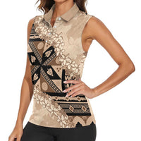 Bula Fiji Plumeria Tagimoucia Salusalu Beige Women Sleeveless Polo Shirt Kaiviti Masi - Polynesian Pride