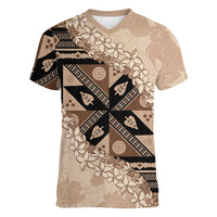 Bula Fiji Plumeria Tagimoucia Salusalu Beige Women V-Neck T-Shirt Kaiviti Masi - Polynesian Pride