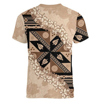 Bula Fiji Plumeria Tagimoucia Salusalu Beige Women V-Neck T-Shirt Kaiviti Masi - Polynesian Pride