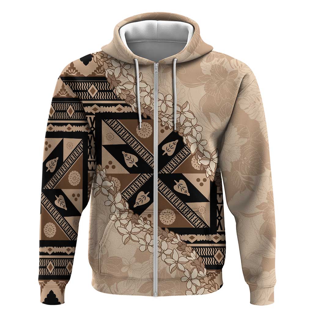 Bula Fiji Plumeria Tagimoucia Salusalu Beige Zip Hoodie Kaiviti Masi - Polynesian Pride