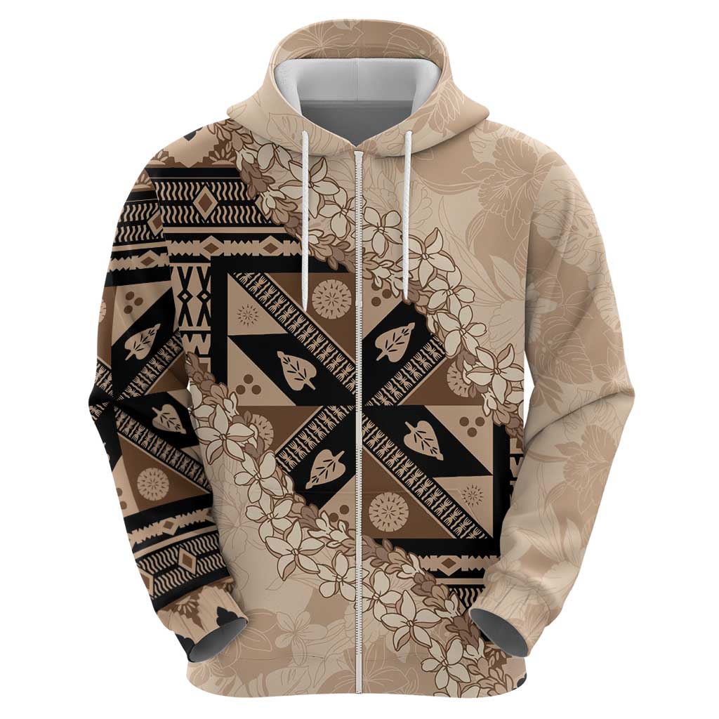 Bula Fiji Plumeria Tagimoucia Salusalu Beige Zip Hoodie Kaiviti Masi - Polynesian Pride