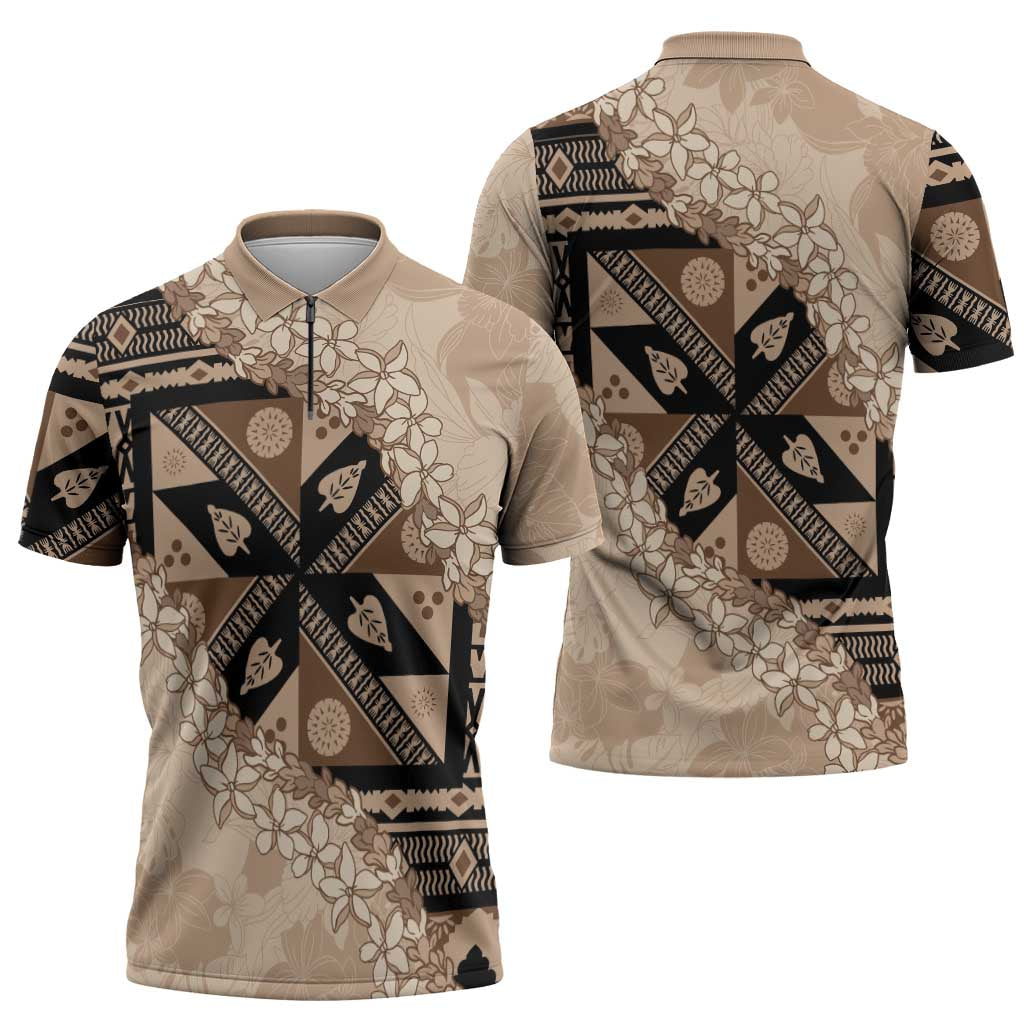 Bula Fiji Plumeria Tagimoucia Salusalu Beige Zipper Polo Shirt Kaiviti Masi - Polynesian Pride