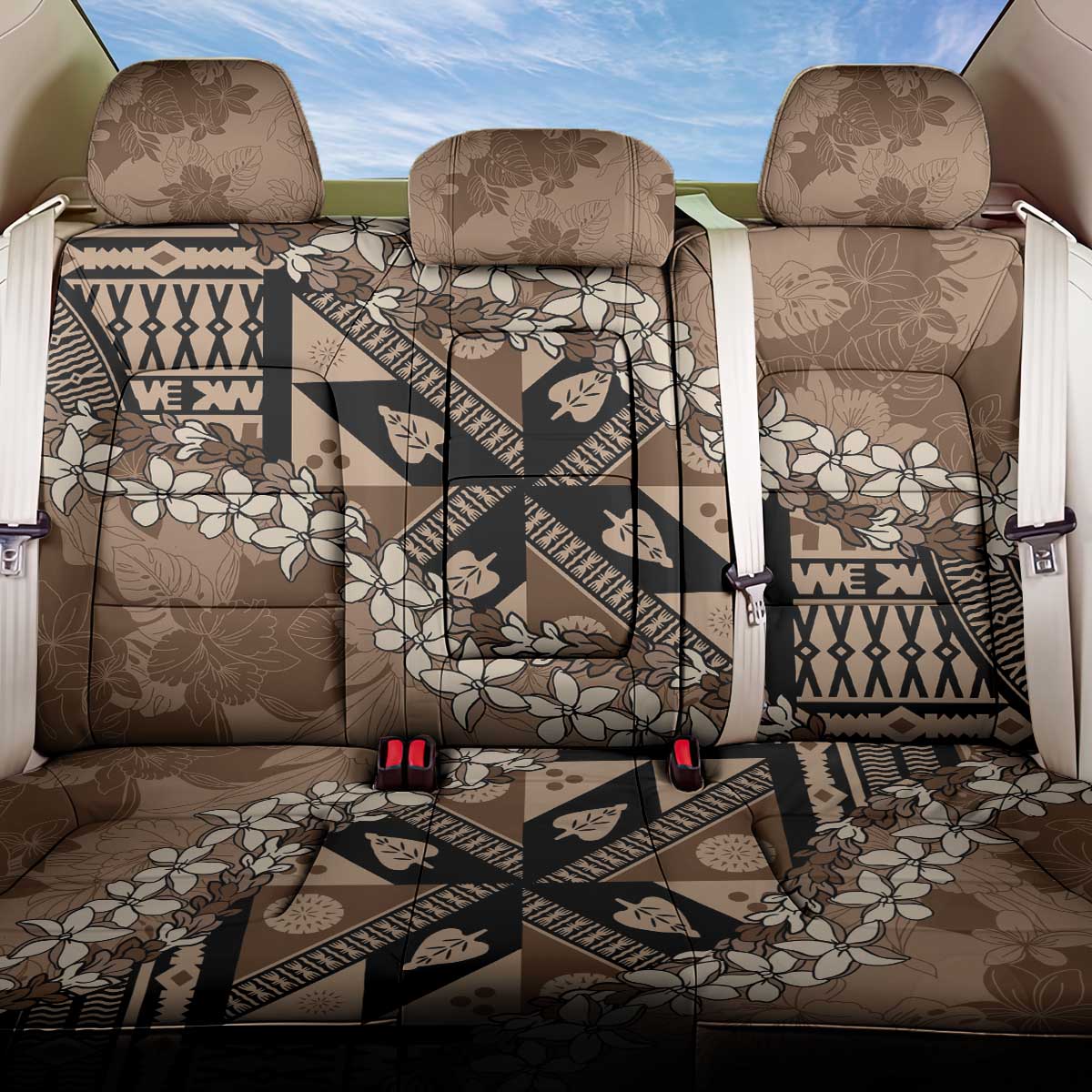 Bula Fiji Plumeria Tagimoucia Salusalu Mocha Back Car Seat Cover Kaiviti Masi - Polynesian Pride