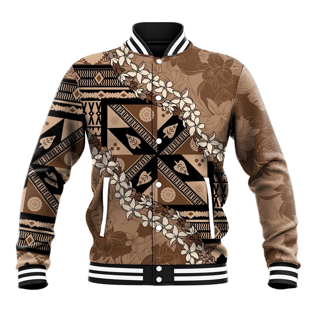 Bula Fiji Plumeria Tagimoucia Salusalu Mocha Baseball Jacket Kaiviti Masi LT7 Unisex Mocha - Polynesian Pride