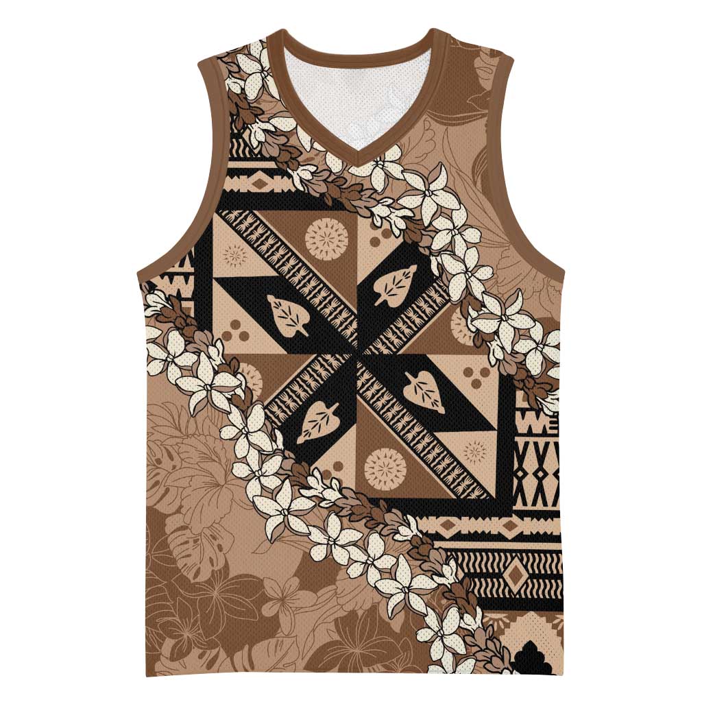Bula Fiji Plumeria Tagimoucia Salusalu Mocha Basketball Jersey Kaiviti Masi - Polynesian Pride