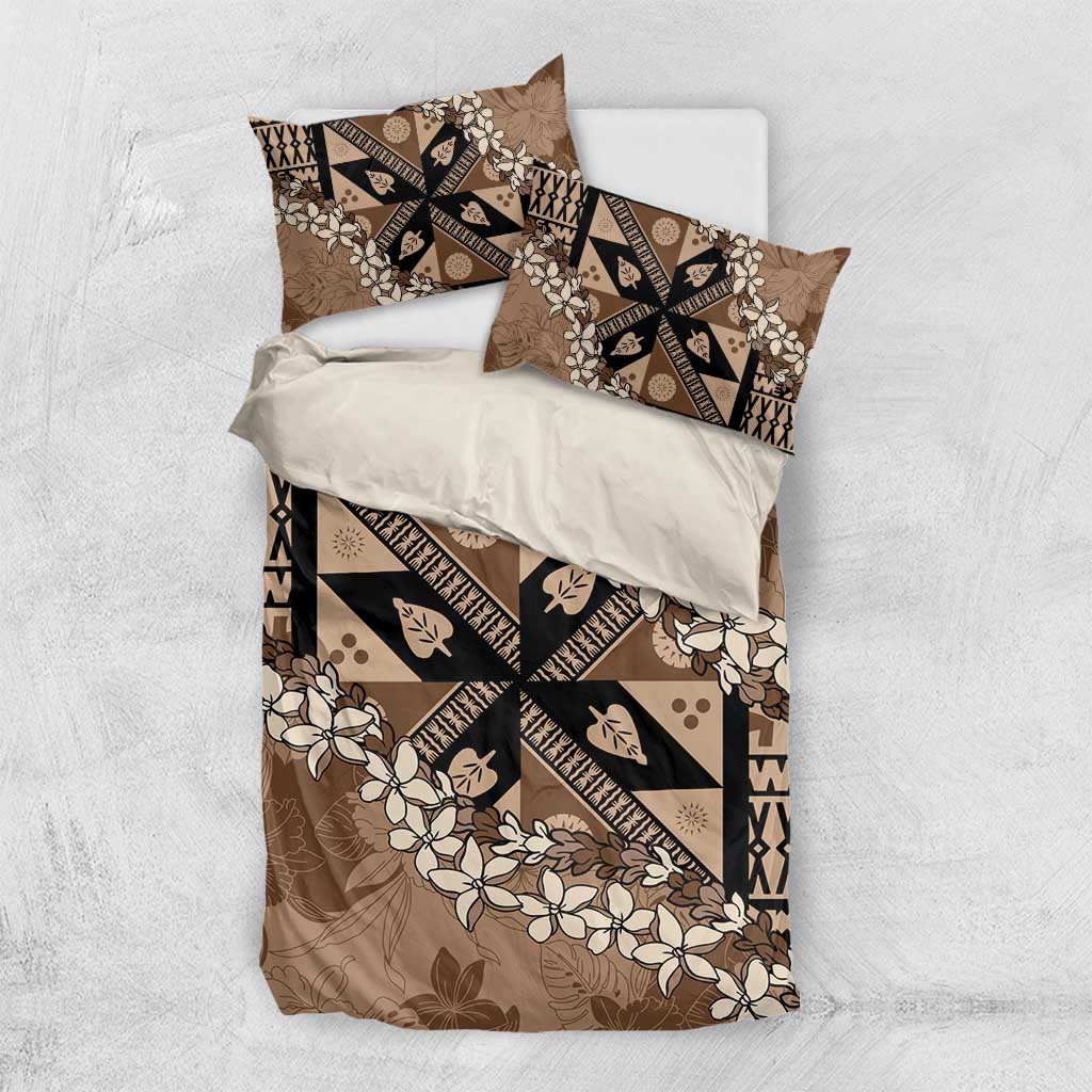 Bula Fiji Plumeria Tagimoucia Salusalu Mocha Bedding Set Kaiviti Masi - Polynesian Pride