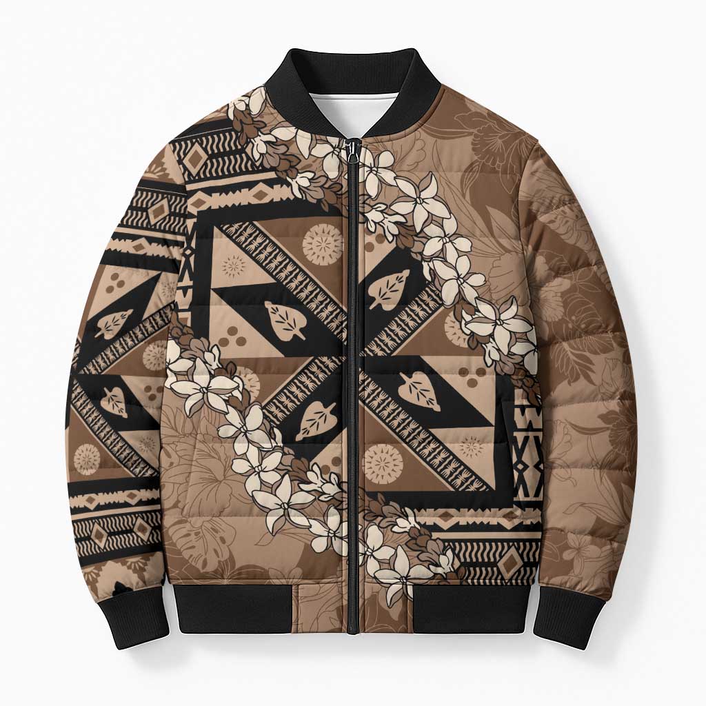 Bula Fiji Plumeria Tagimoucia Salusalu Mocha Bomber Puffer Jacket Kaiviti Masi - Polynesian Pride