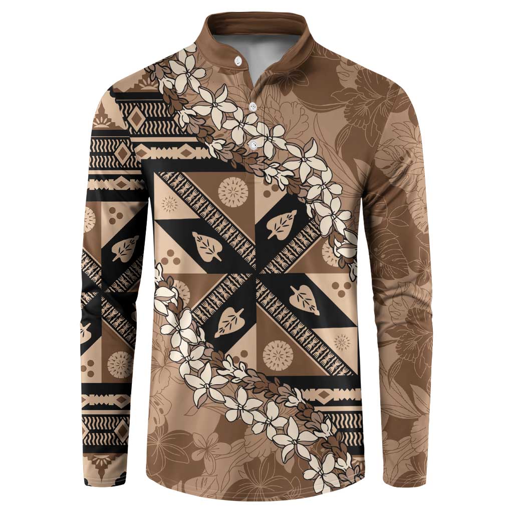 Bula Fiji Plumeria Tagimoucia Salusalu Mocha Button Sweatshirt Kaiviti Masi - Polynesian Pride