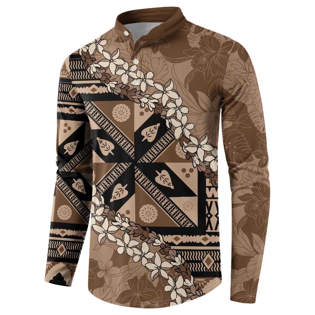 Bula Fiji Plumeria Tagimoucia Salusalu Mocha Button Sweatshirt Kaiviti Masi LT7 - Polynesian Pride