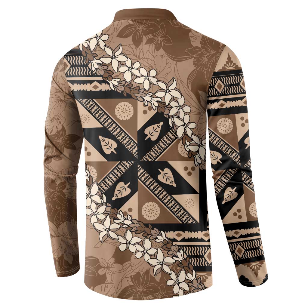 Bula Fiji Plumeria Tagimoucia Salusalu Mocha Button Sweatshirt Kaiviti Masi LT7 - Polynesian Pride