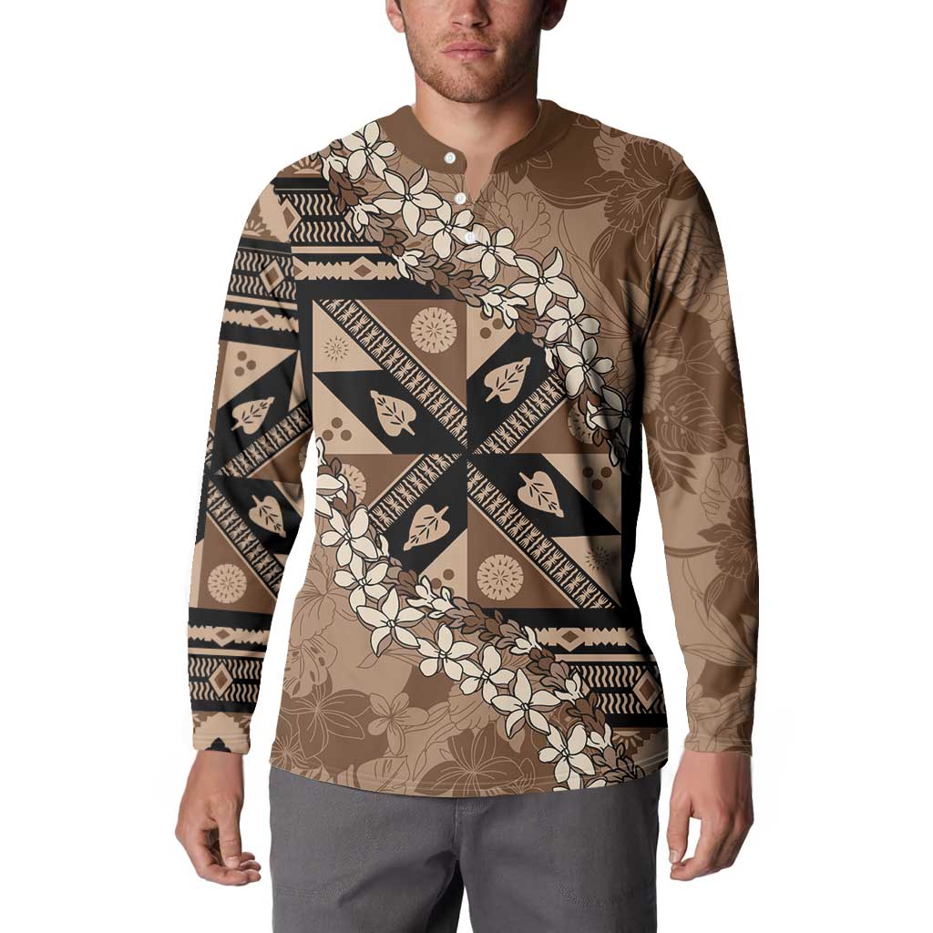 Bula Fiji Plumeria Tagimoucia Salusalu Mocha Button Sweatshirt Kaiviti Masi LT7 - Polynesian Pride