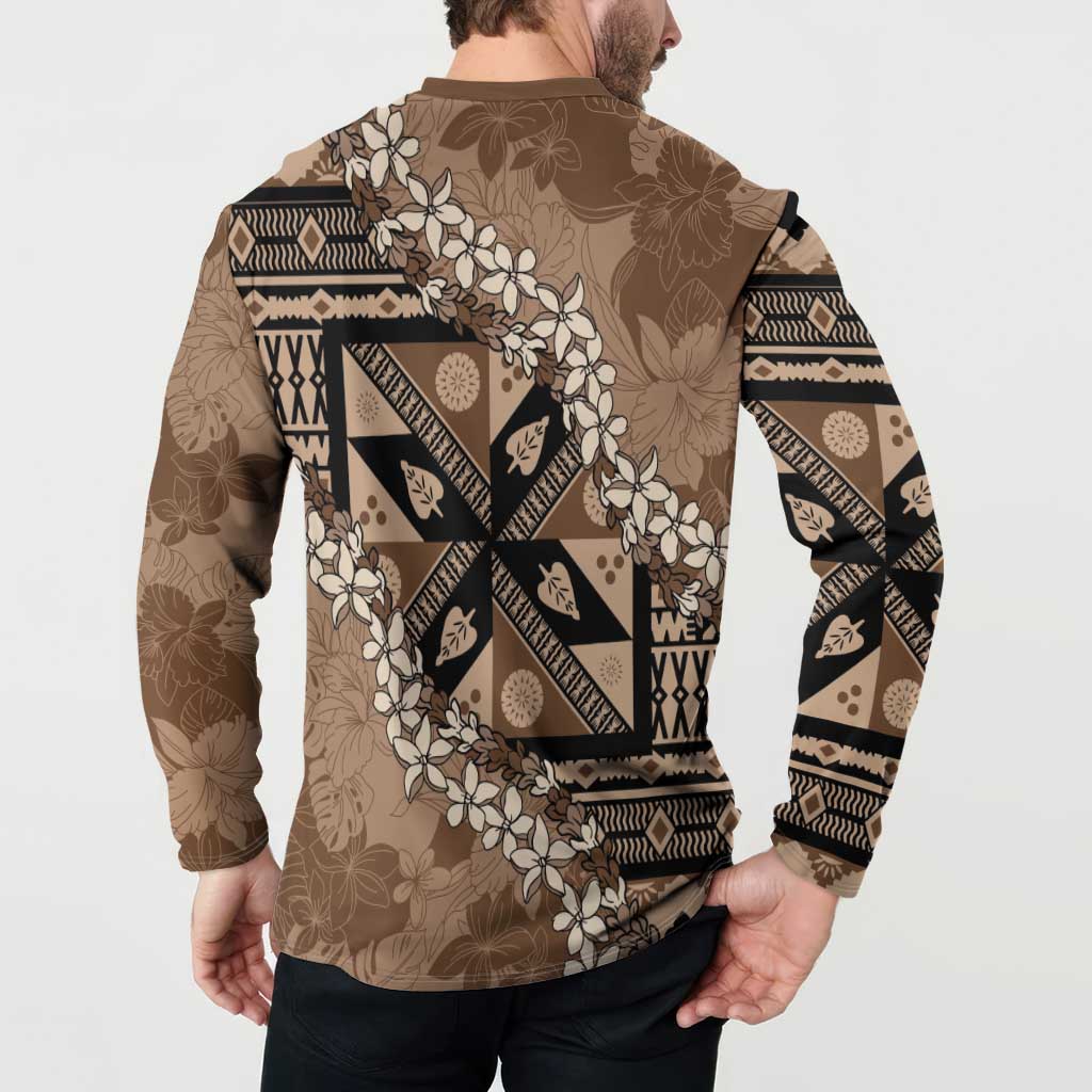 Bula Fiji Plumeria Tagimoucia Salusalu Mocha Button Sweatshirt Kaiviti Masi LT7 - Polynesian Pride