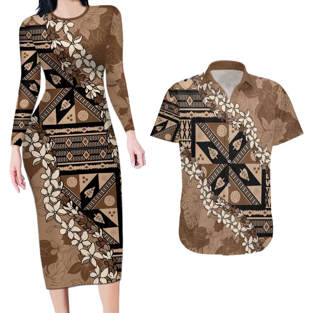 Bula Fiji Plumeria Tagimoucia Salusalu Mocha Couples Matching Long Sleeve Bodycon Dress and Hawaiian Shirt Kaiviti Masi - Polynesian Pride
