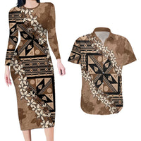 Bula Fiji Plumeria Tagimoucia Salusalu Mocha Couples Matching Long Sleeve Bodycon Dress and Hawaiian Shirt Kaiviti Masi - Polynesian Pride