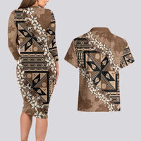 Bula Fiji Plumeria Tagimoucia Salusalu Mocha Couples Matching Long Sleeve Bodycon Dress and Hawaiian Shirt Kaiviti Masi - Polynesian Pride