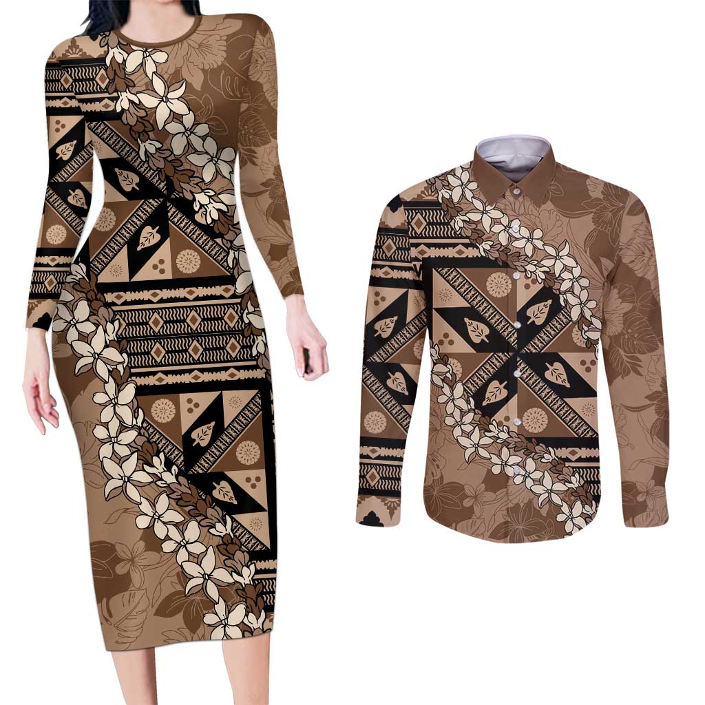 Bula Fiji Plumeria Tagimoucia Salusalu Mocha Couples Matching Long Sleeve Bodycon Dress and Long Sleeve Button Shirt Kaiviti Masi - Polynesian Pride